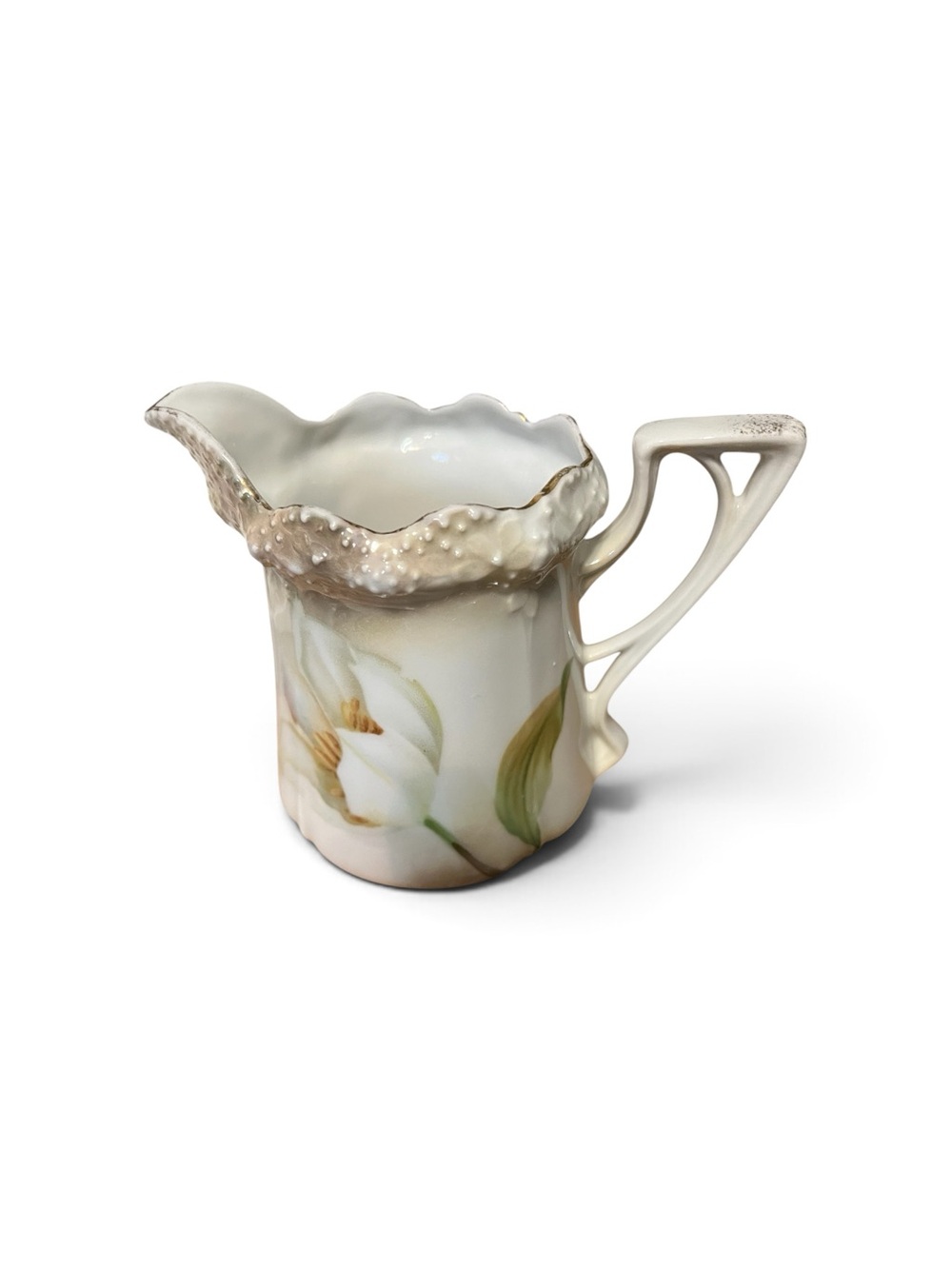Hand-Painted Porcelain Floral Creamer Pitcher in Ivory and Green